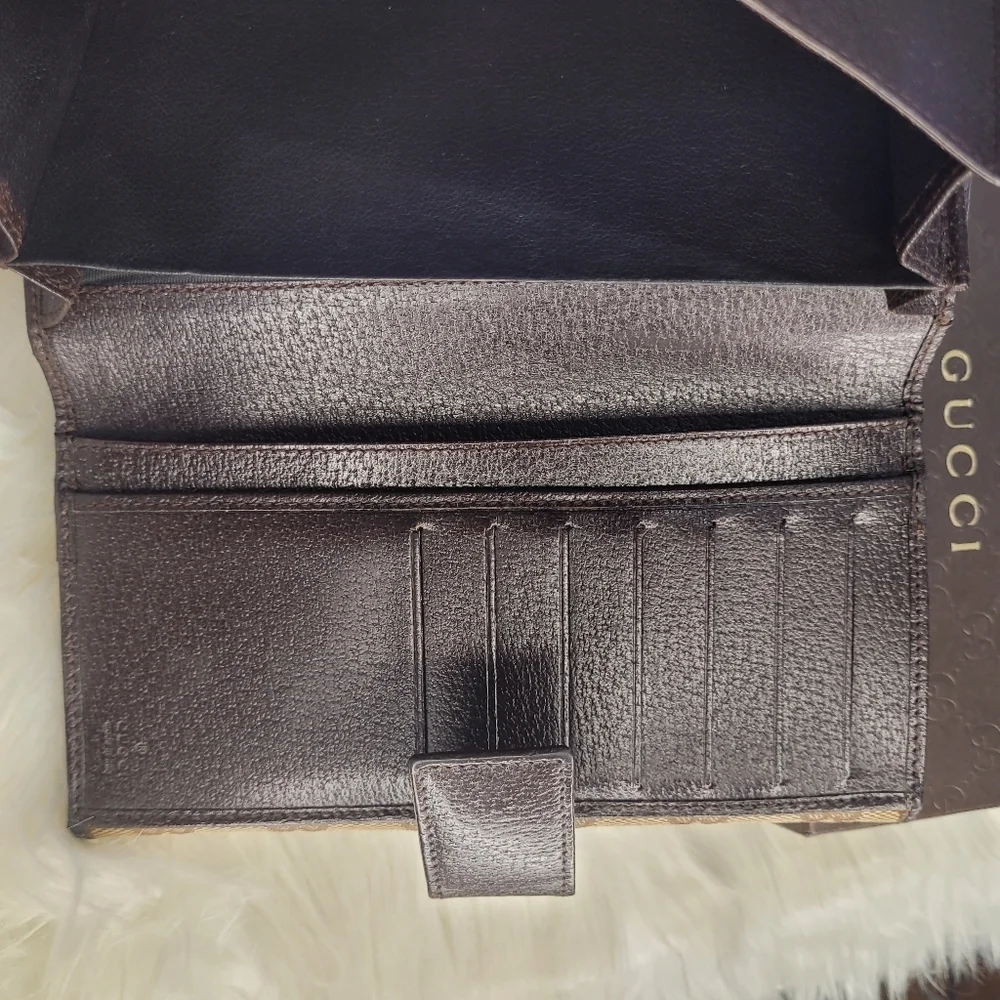 🤎🔹️Gucci 🔹️GG canvas logo plate long wallet beige brown leather - Picture 10 of 11